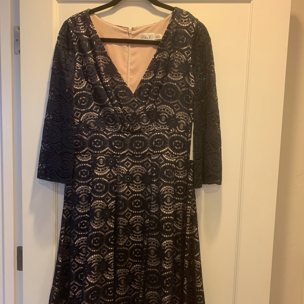 Eliza J Navy Blue/Lacy Fit and Flare Dress